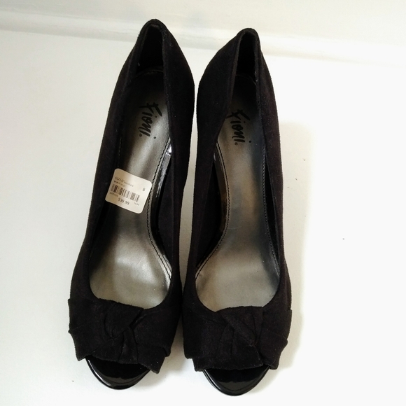 Black, faux suede, peep-toe heels - Picture 1 of 8